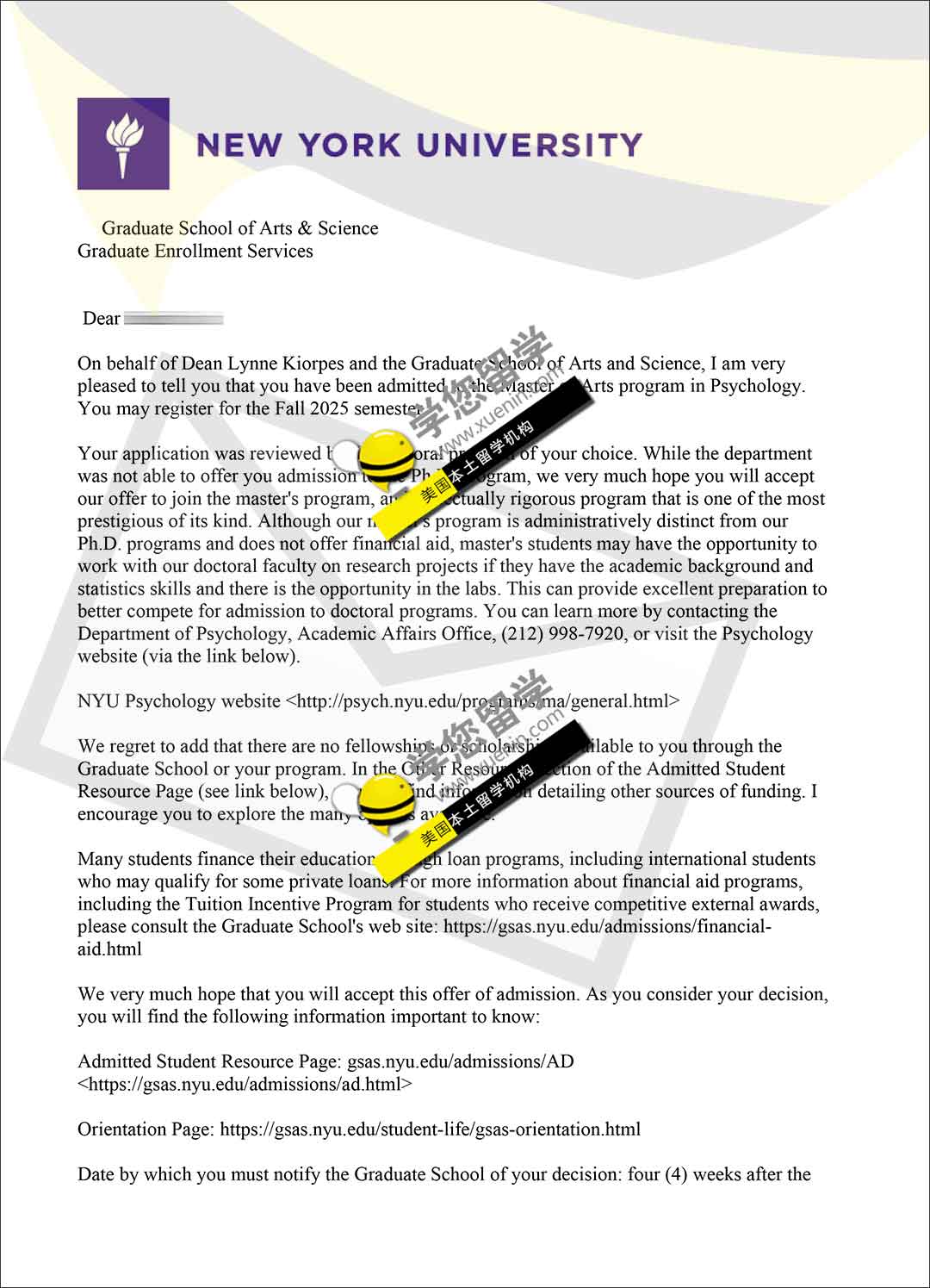 新到的纽约大学NYU 心理学硕士offer！真诚感动！