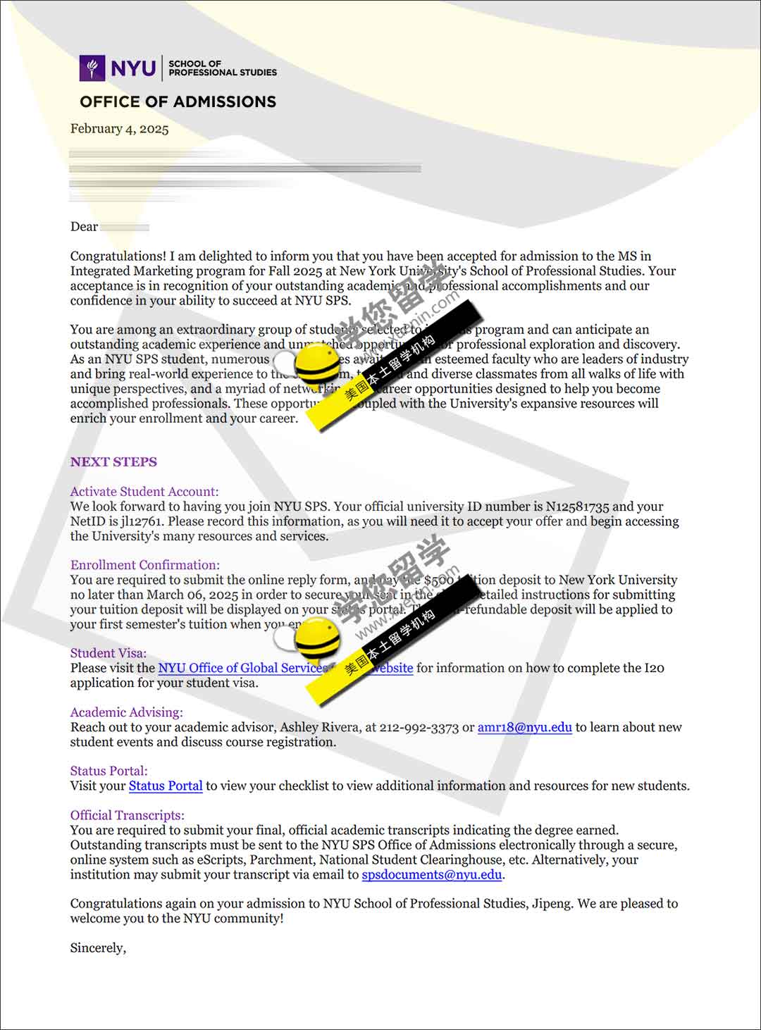 又获纽约大学NYU 市场营销专业offer ！