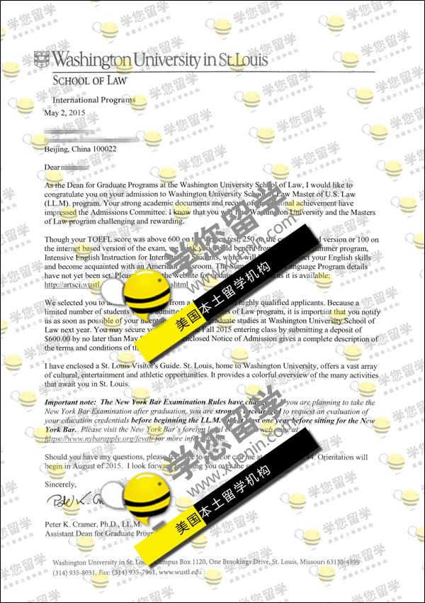 WU-喜报！Z同学赢得 圣路易斯华盛顿大学 LLM法学硕士录取一枚